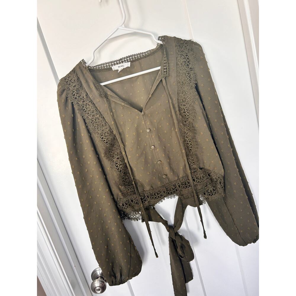Mine Women's Rose & Remington‎ Boho Long Sleeve Tie Top Olive Green Size Large